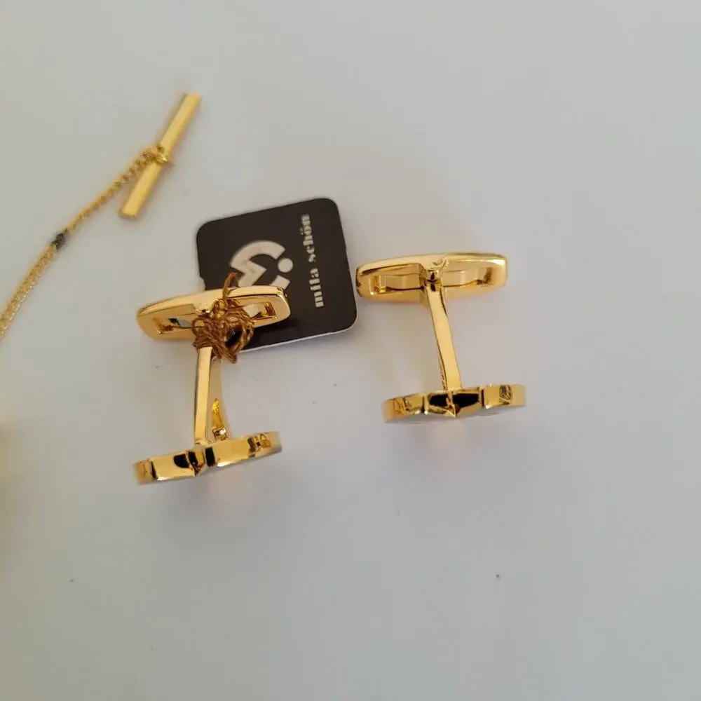 Mila Schon M Logo Tie Pin Clip Cufflinks Set Gold Silver Tone Designer New